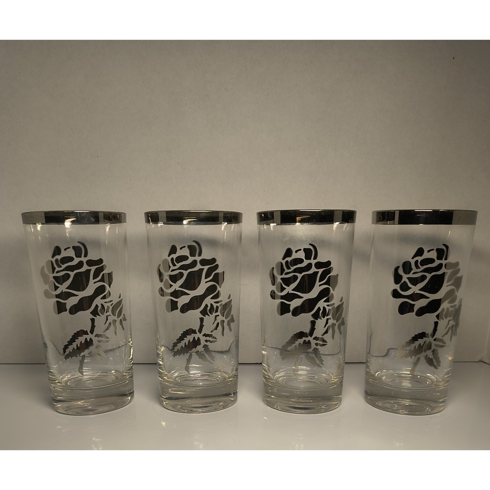 Silver Overlay Rose & Band Vintage Drinking Glass Set Of 4 MCM ~ Dorothy Thorpe?